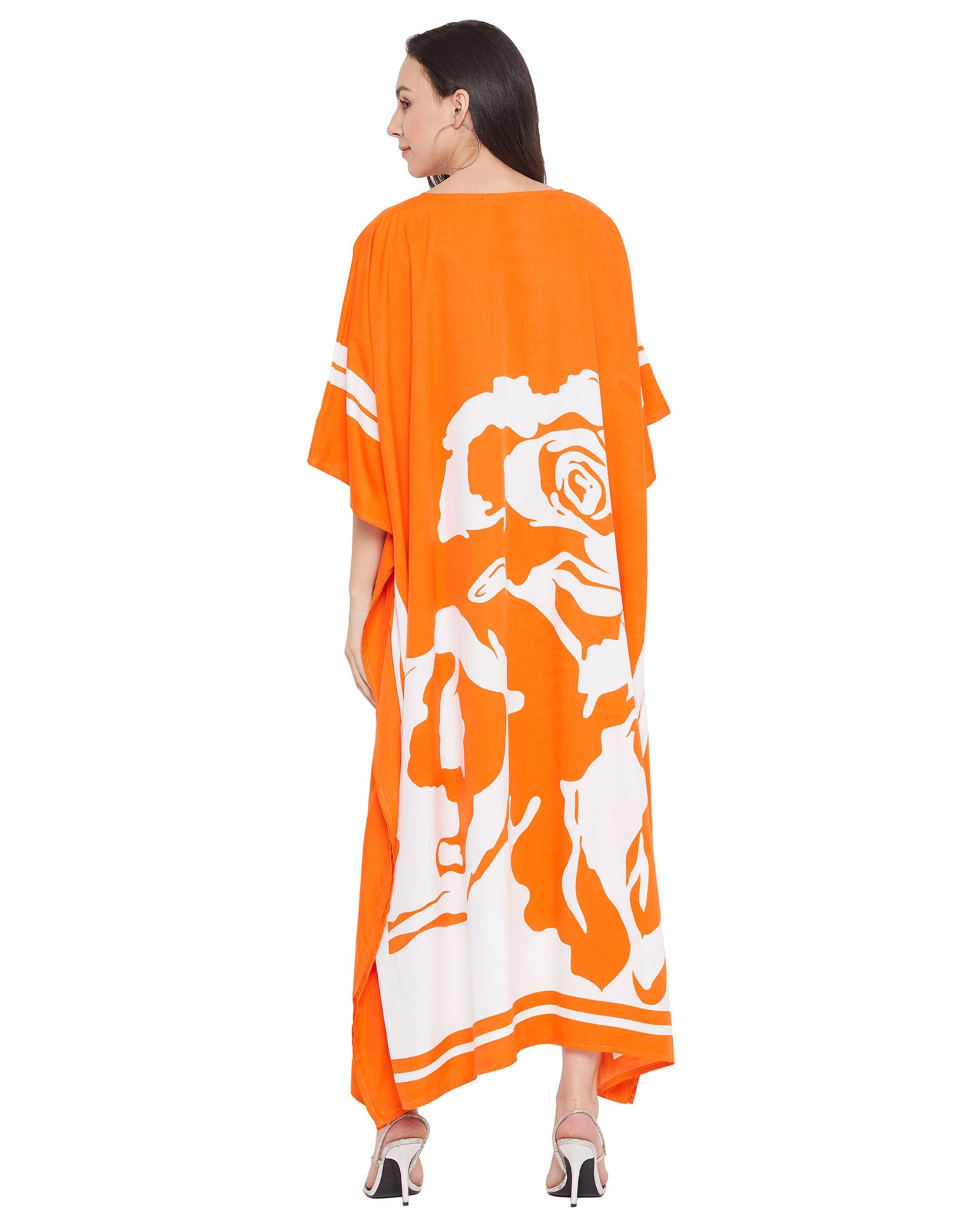 Floral Printed Orange Polyester Kaftan Dress for Women