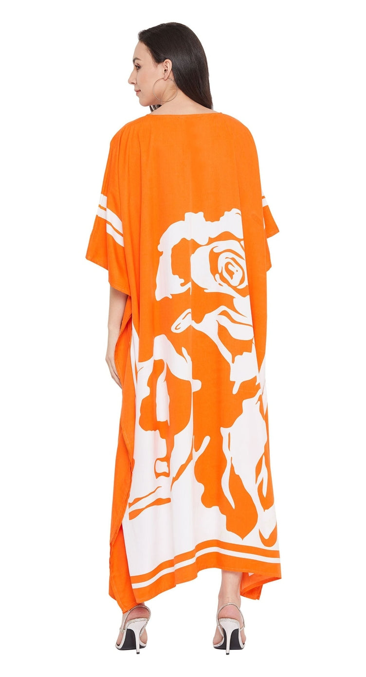 Orange and white abstract floral print plus size kaftan with V-neck — additional angle