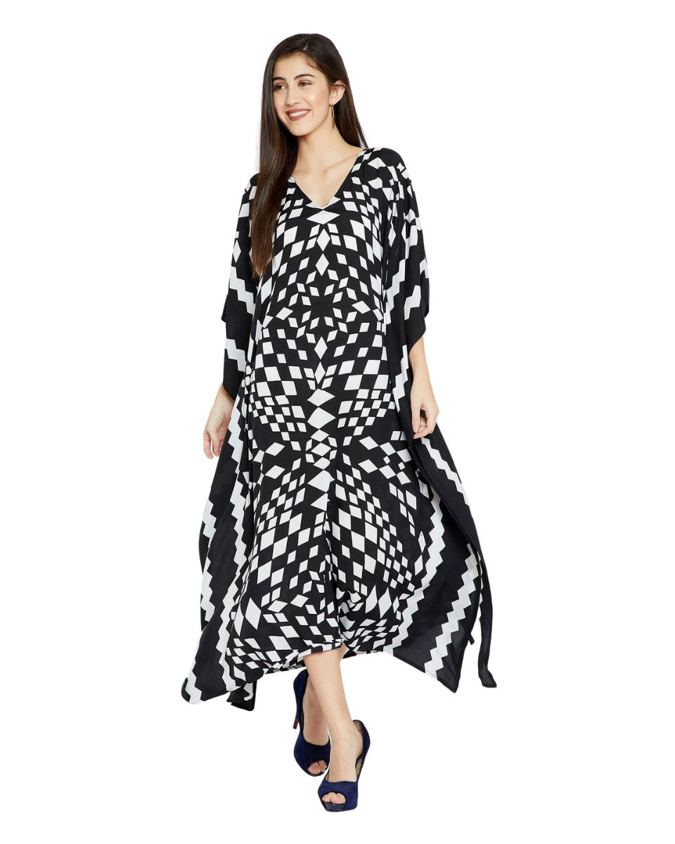 Geometric Printed Black Polyester Kaftan Dress for Women