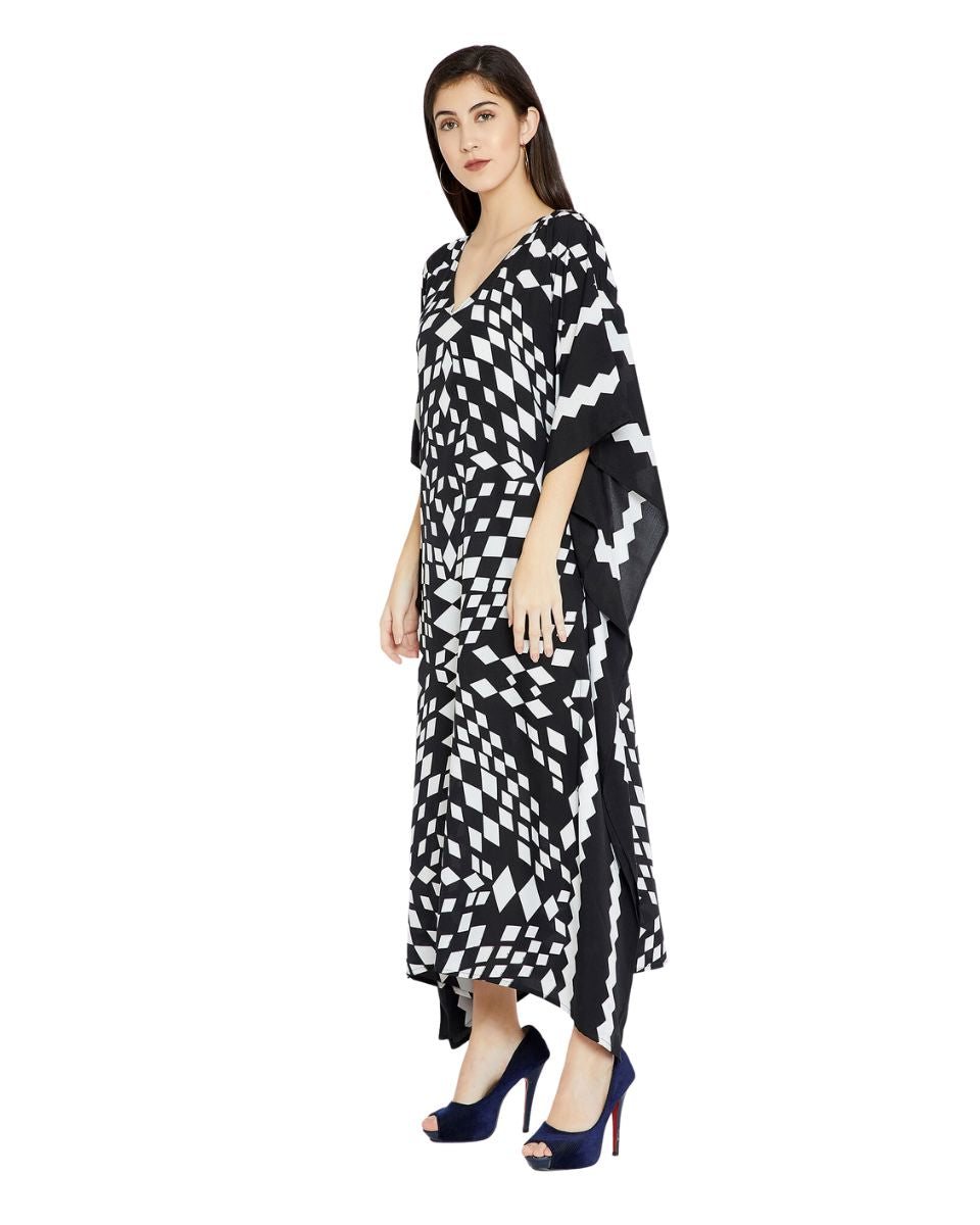 Geometric Printed Black Polyester Plus Size Kaftan Dress For Women