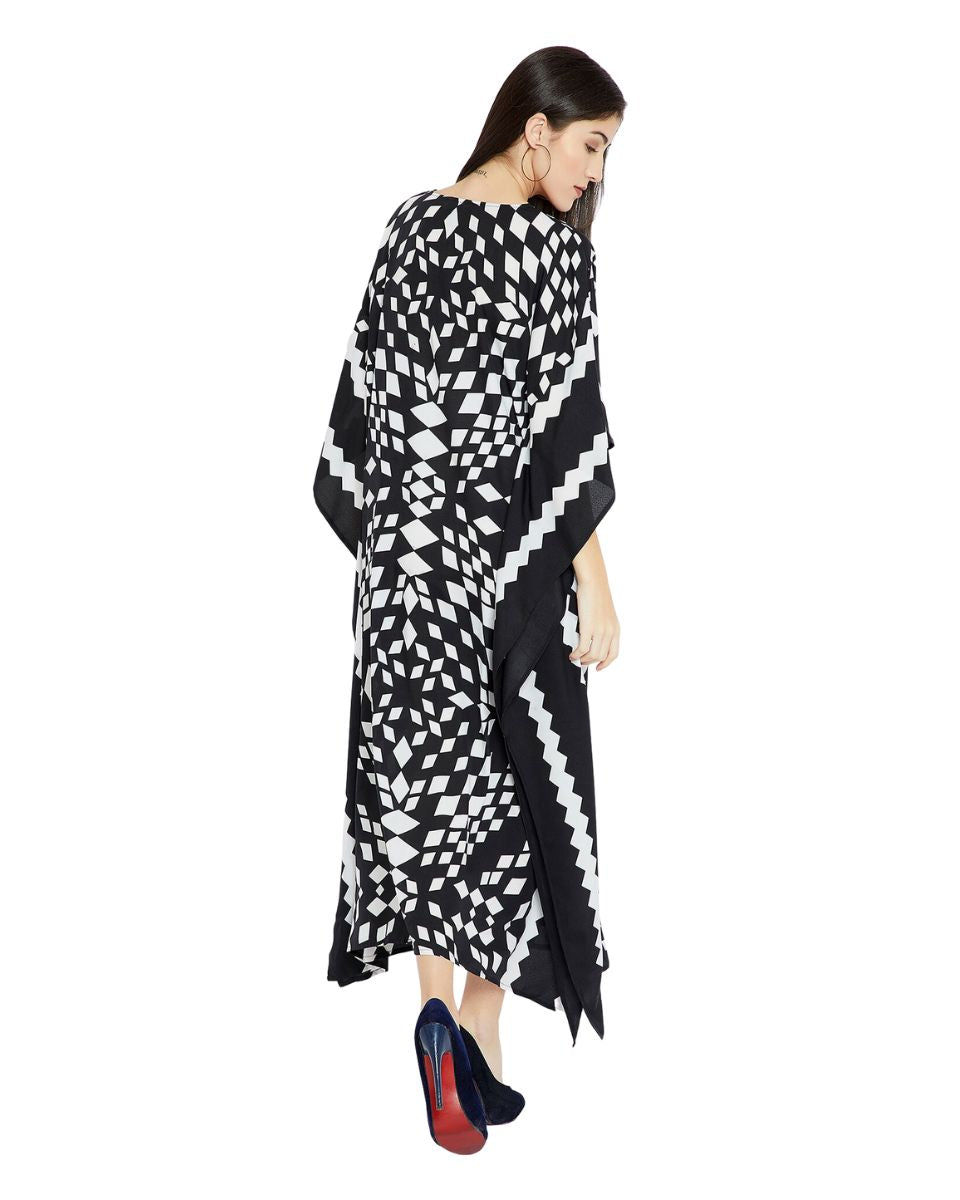 Geometric Printed Black Polyester Plus Size Kaftan Dress For Women