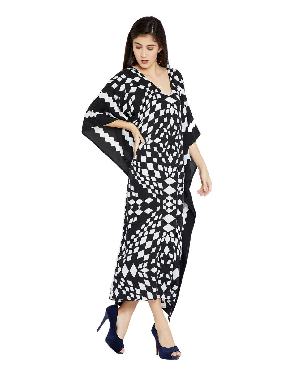 Geometric Printed Black Polyester Plus Size Kaftan Dress For Women