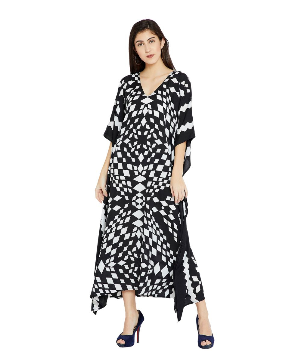 Geometric Printed Black Polyester Plus Size Kaftan Dress For Women