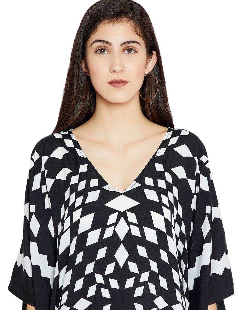 Geometric Printed Black Polyester Plus Size Kaftan Dress For Women