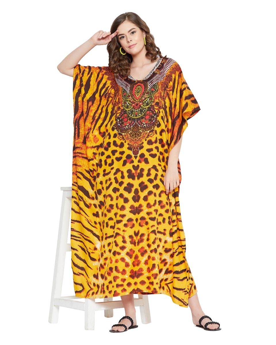 Animal Printed Yellow Polyester Kaftan Plus Size Dress For Women