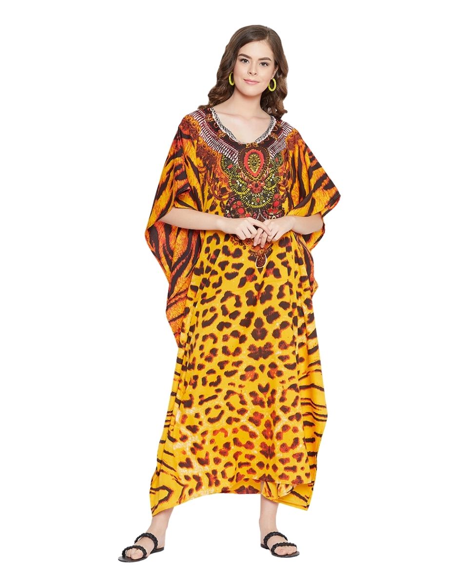 Animal Printed Yellow Polyester Kaftan Plus Size Dress For Women