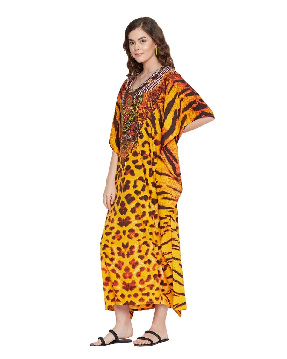 Animal Printed Yellow Polyester Kaftan Plus Size Dress For Women