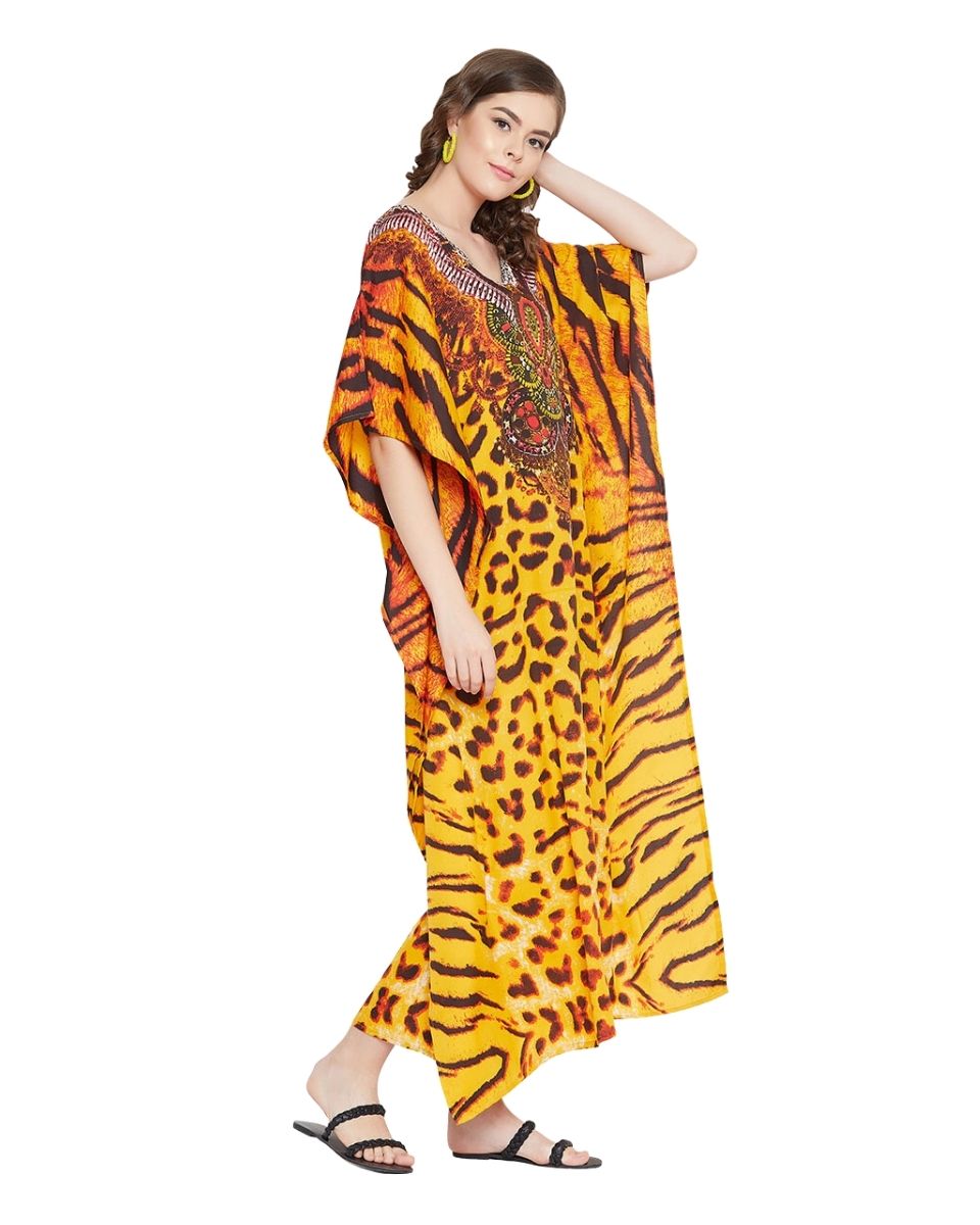 Animal Printed Yellow Polyester Kaftan Plus Size Dress For Women