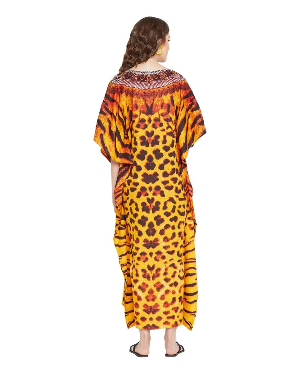 Animal Printed Yellow Polyester Kaftan Plus Size Dress For Women