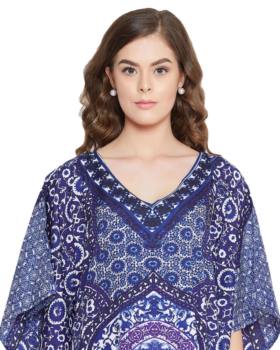 Floral And Mandala Printed  Dark Blue Polyester Kaftan Plus Size Women