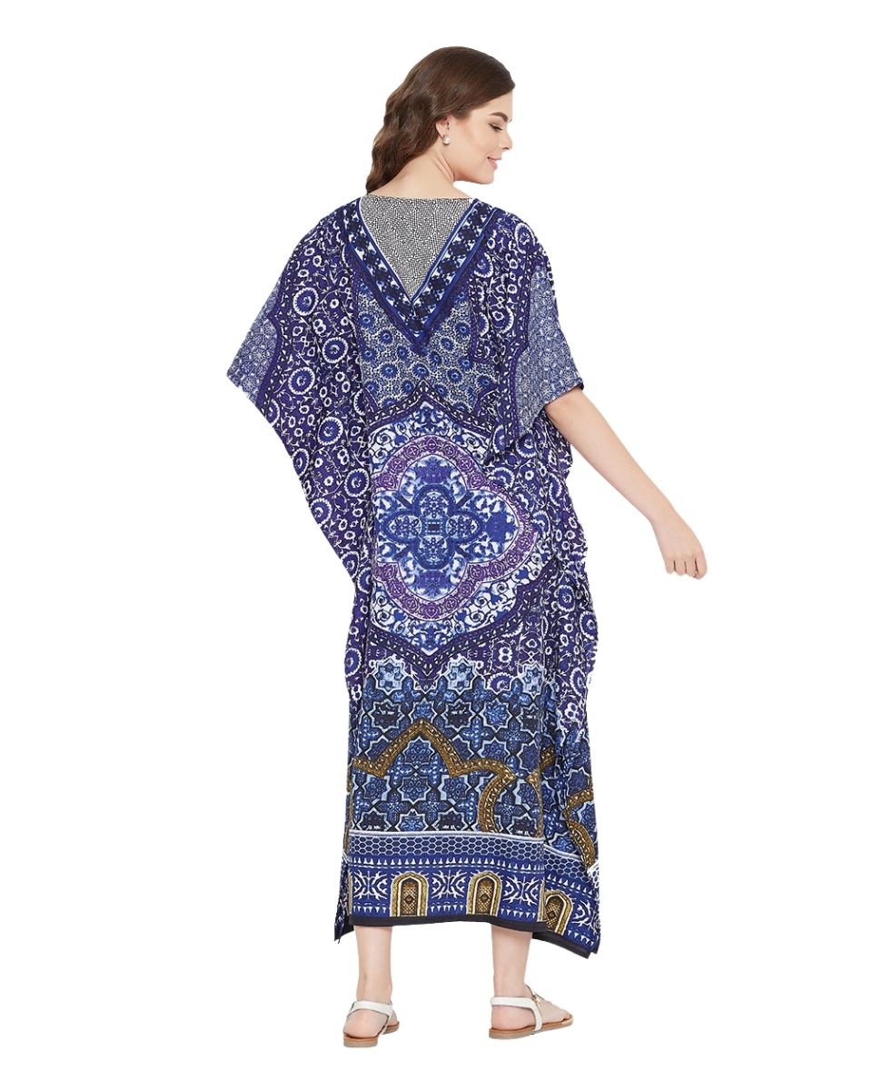 Floral And Mandala Printed  Dark Blue Polyester Kaftan Plus Size Women