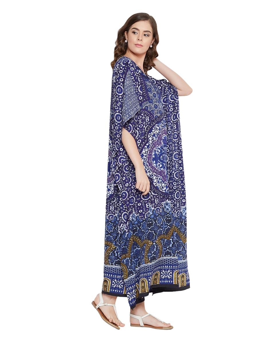 Floral And Mandala Printed  Dark Blue Polyester Kaftan Plus Size Women