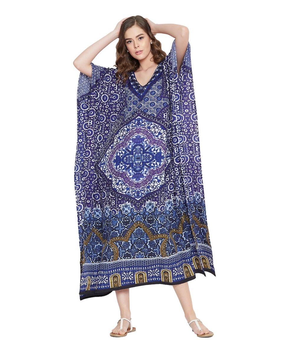 Floral And Mandala Printed  Dark Blue Polyester Kaftan Plus Size Women