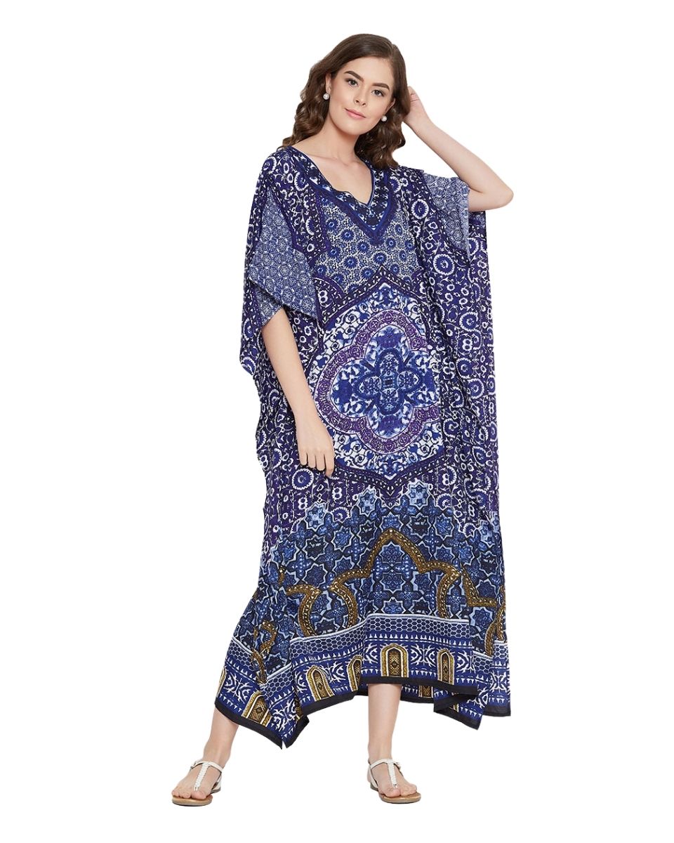 Floral And Mandala Printed  Dark Blue Polyester Kaftan Plus Size Women