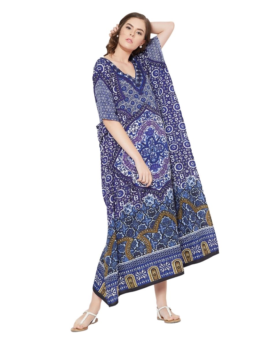 Floral And Mandala Printed  Dark Blue Polyester Kaftan Plus Size Women