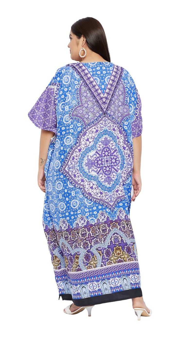 Blue and purple medallion print plus size kaftan with V-neck — alternate view