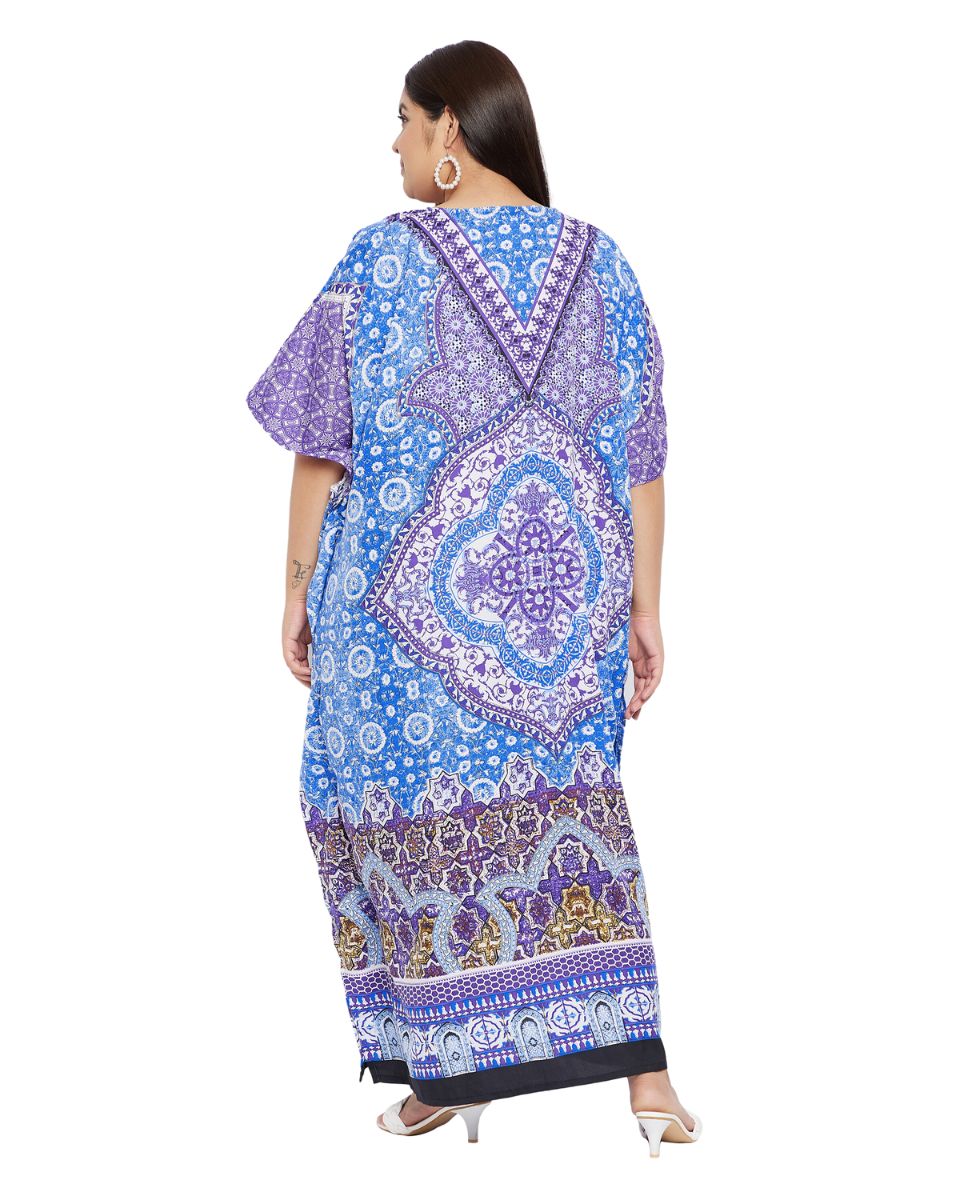 Floral Printed Blue Polyester Kaftan Plus Size Dress For Women