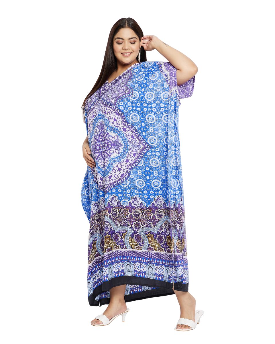 Floral Printed Blue Polyester Kaftan Plus Size Dress For Women