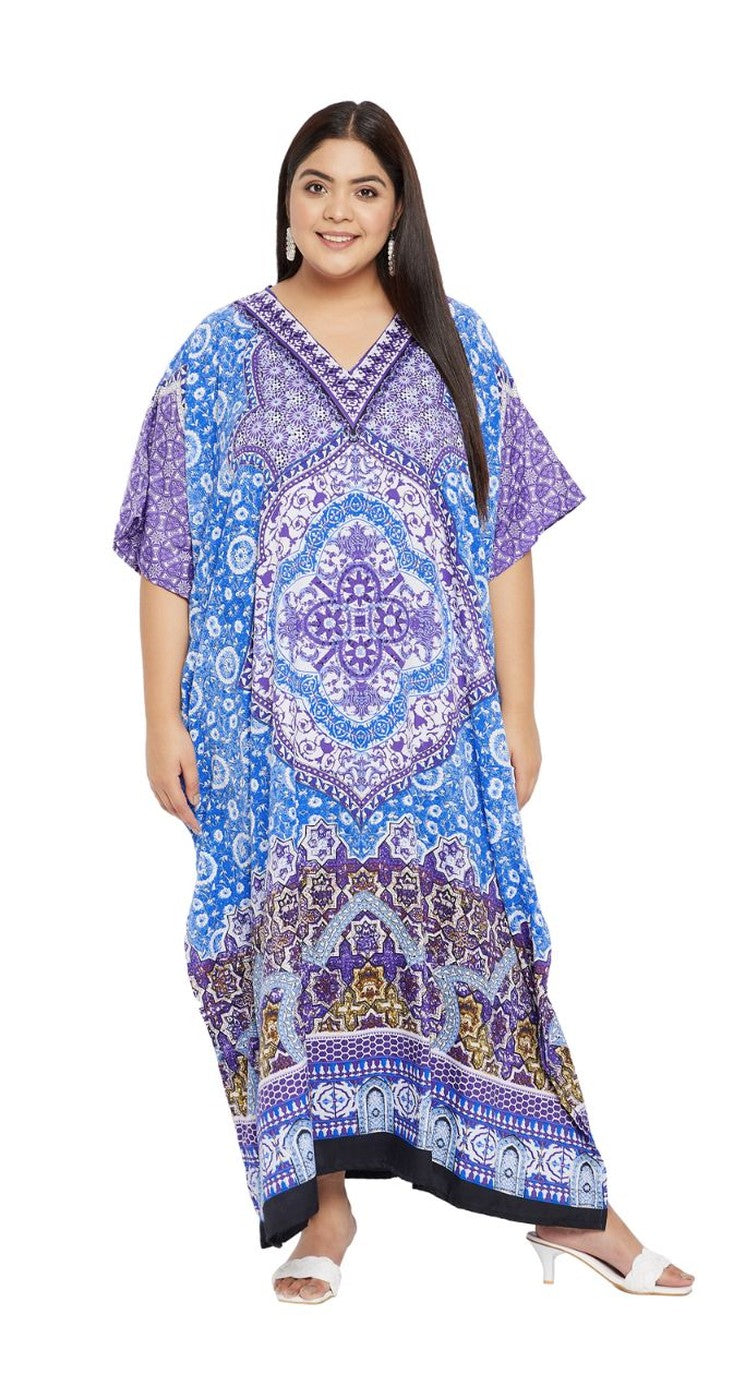 Blue and purple medallion print plus size kaftan with V-neck