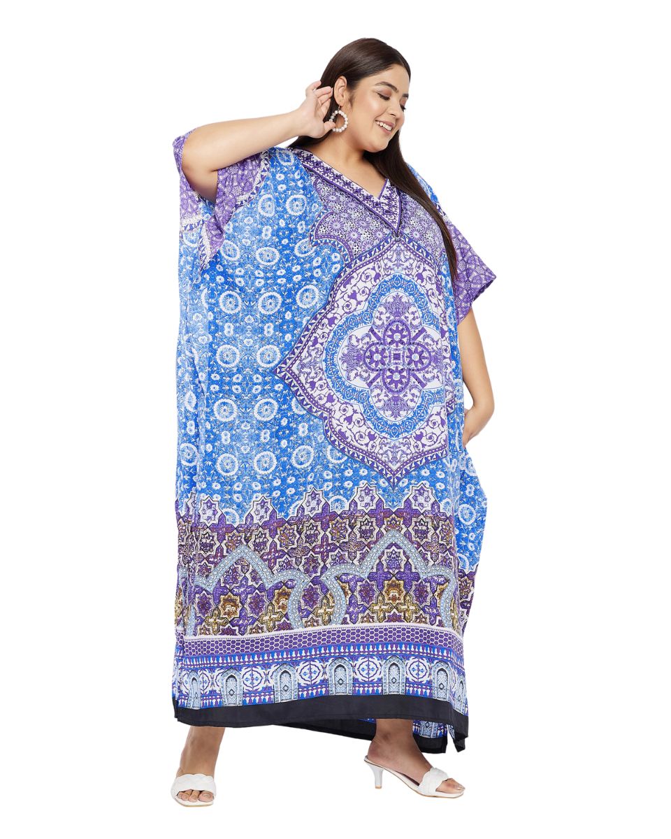 Floral Printed Blue Polyester Kaftan Plus Size Dress For Women