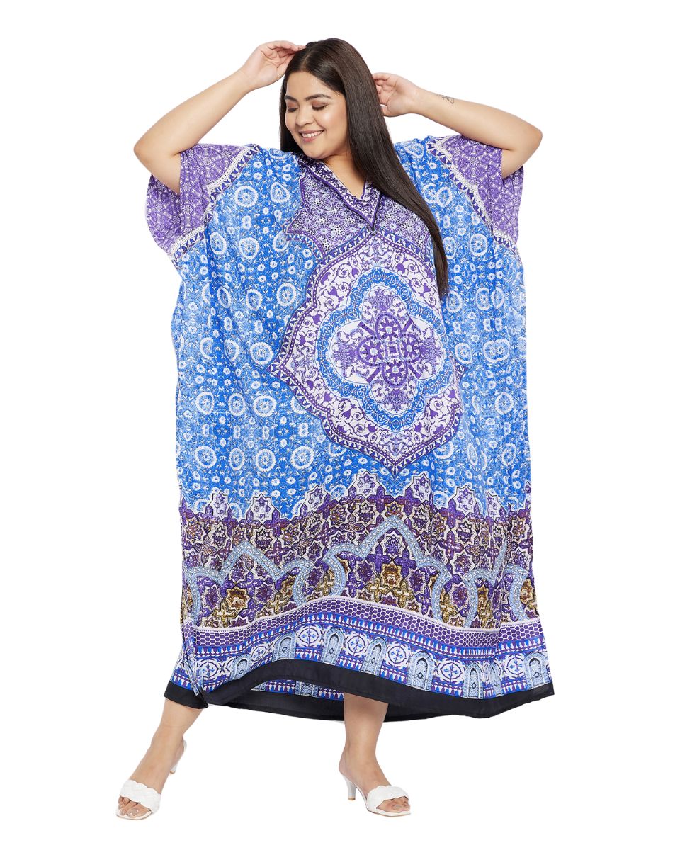 Floral Printed Blue Polyester Kaftan Plus Size Dress For Women