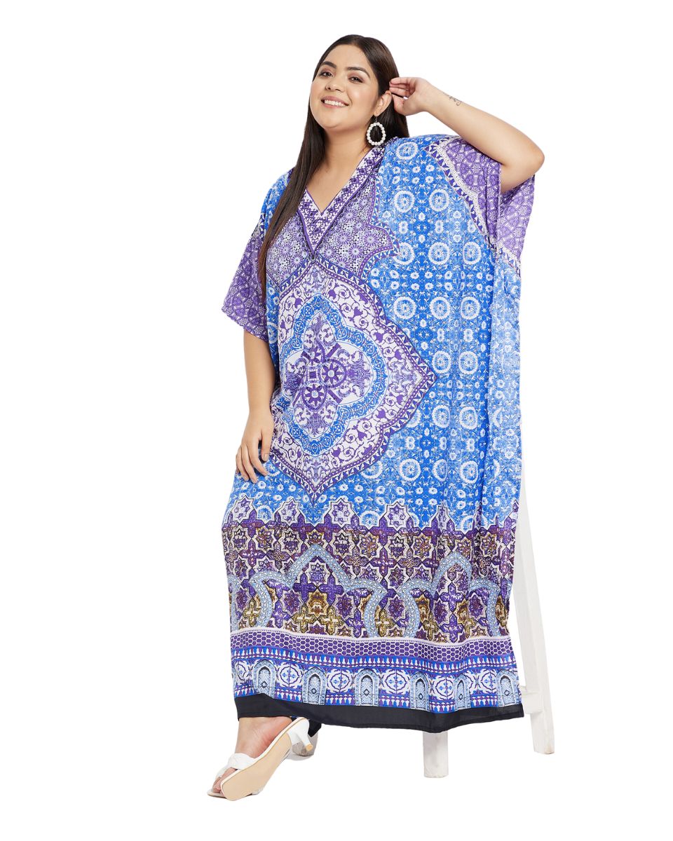 Floral Printed Blue Polyester Kaftan Plus Size Dress For Women