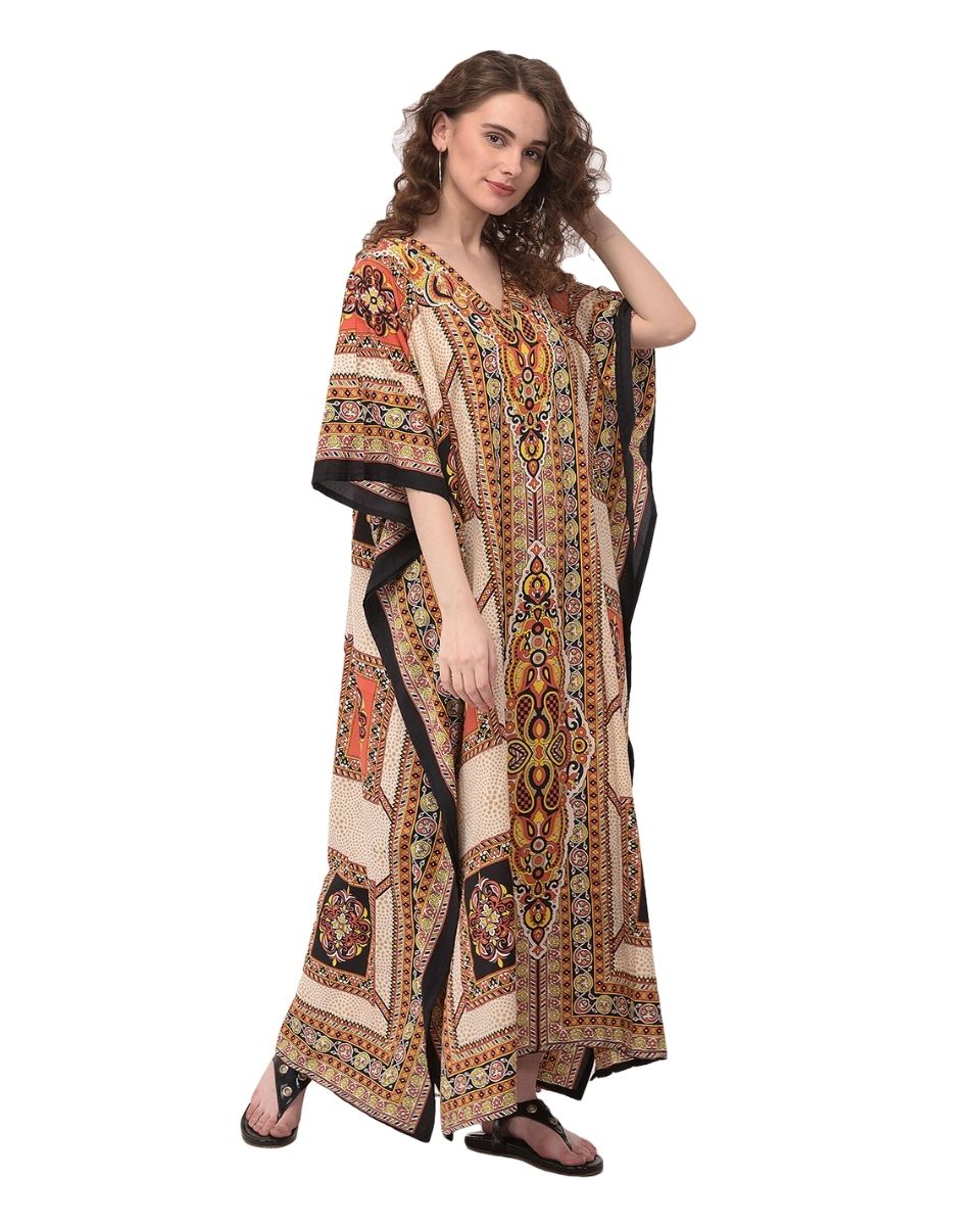 Paisley Printed Beige Polyester Plus Size Kaftan Dress For Women