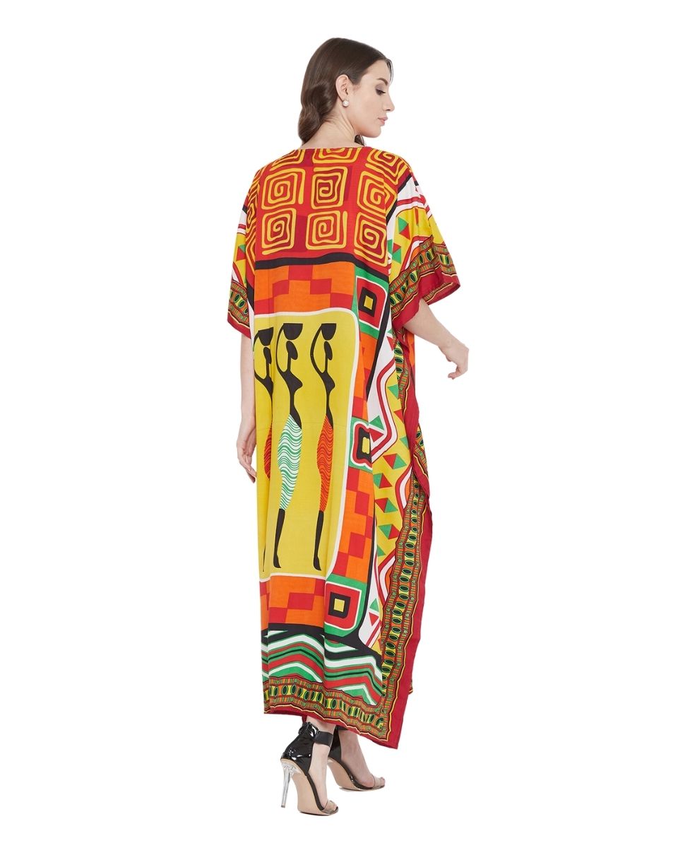 Tribal Printed Orange Polyester Kaftan Dress for Women