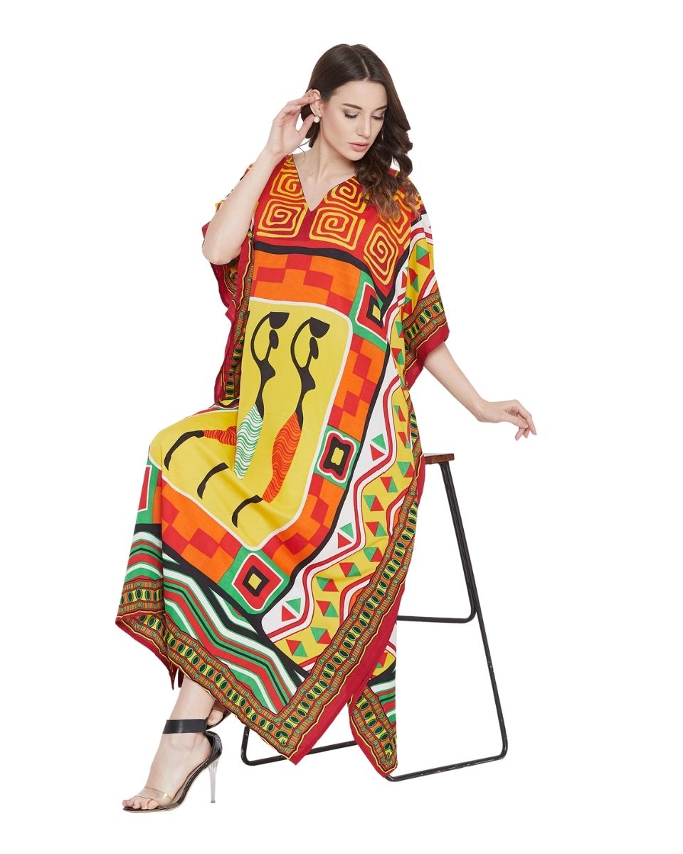 Orange Tribal Printed Polyester Kaftan For Plus Size Women