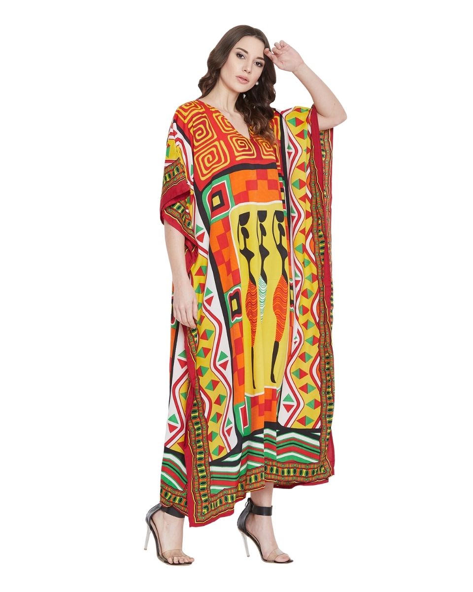 Orange Tribal Printed Polyester Kaftan For Plus Size Women