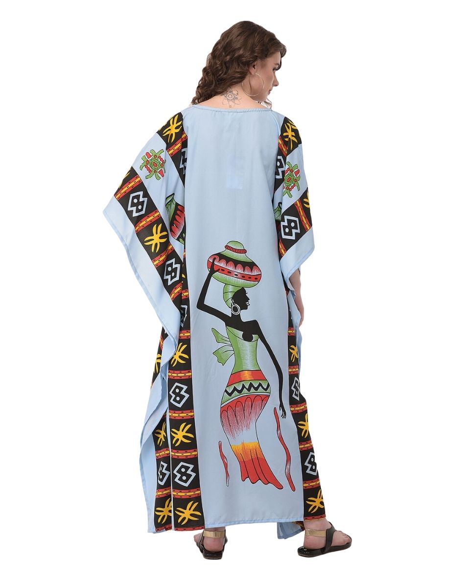 Dusty Blue Kaftan Plus Size Tribal Printed Polyester For Women