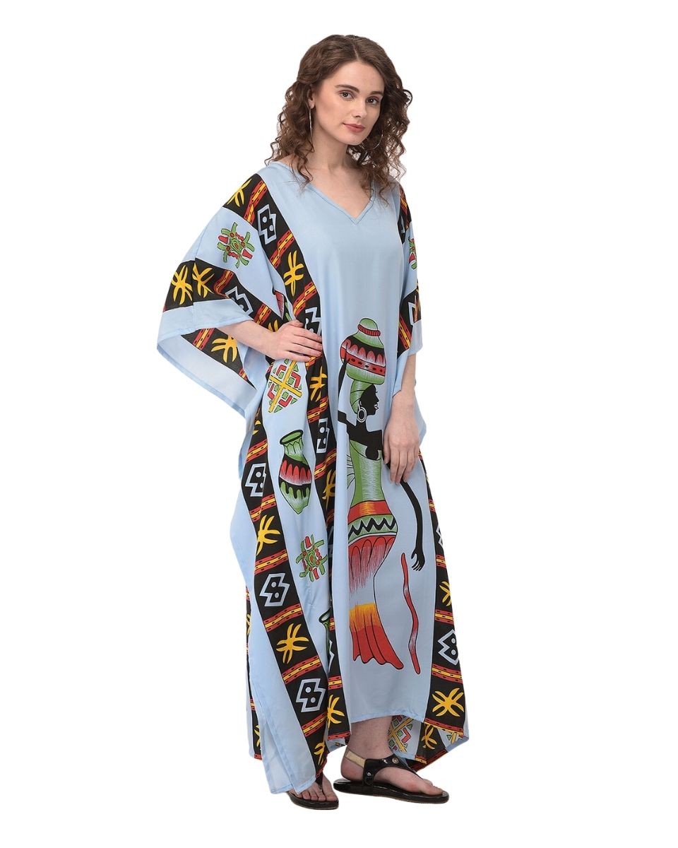 Dusty Blue Kaftan Plus Size Tribal Printed Polyester For Women