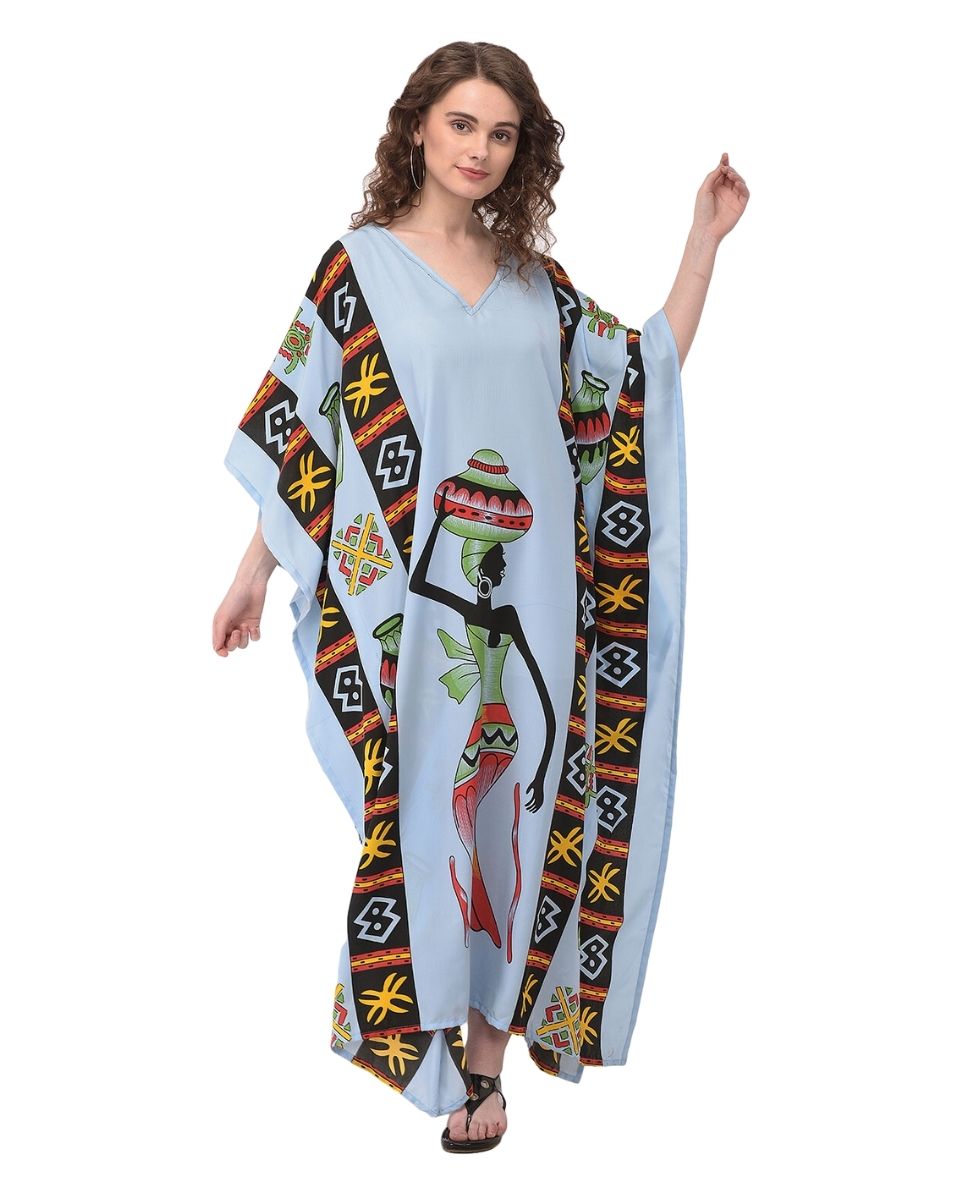 Dusty Blue Kaftan Plus Size Tribal Printed Polyester For Women