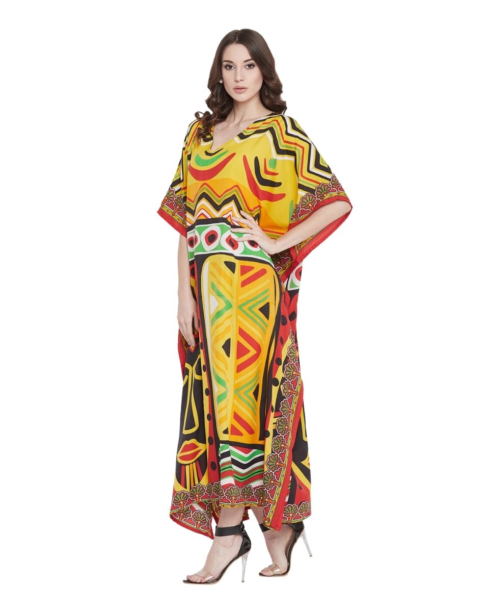 Kaftan Dress For Plus Size Women Tribal Printed Multicolor Polyester