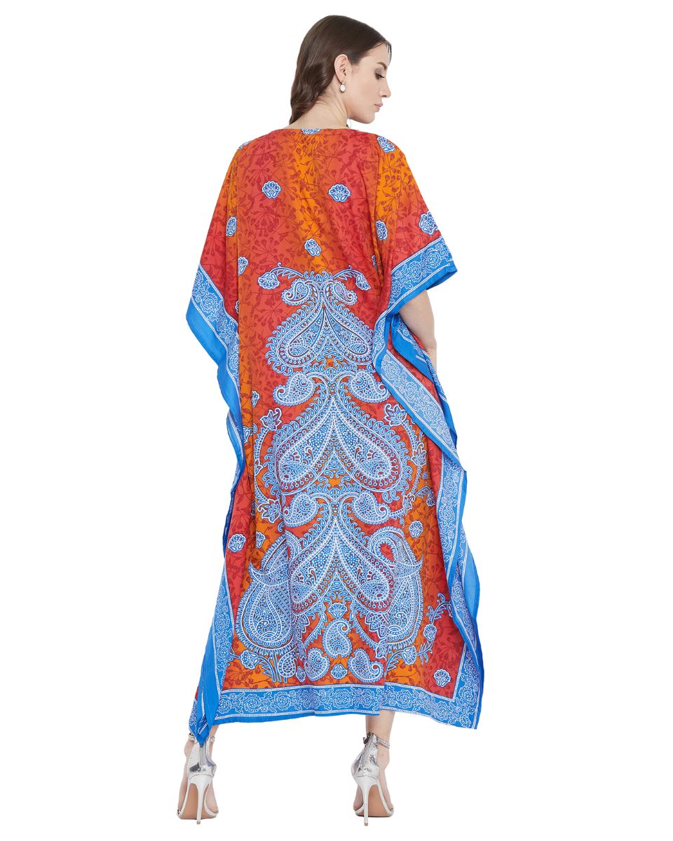 Paisley Printed Orange Polyester Plus Size Kaftan For Women