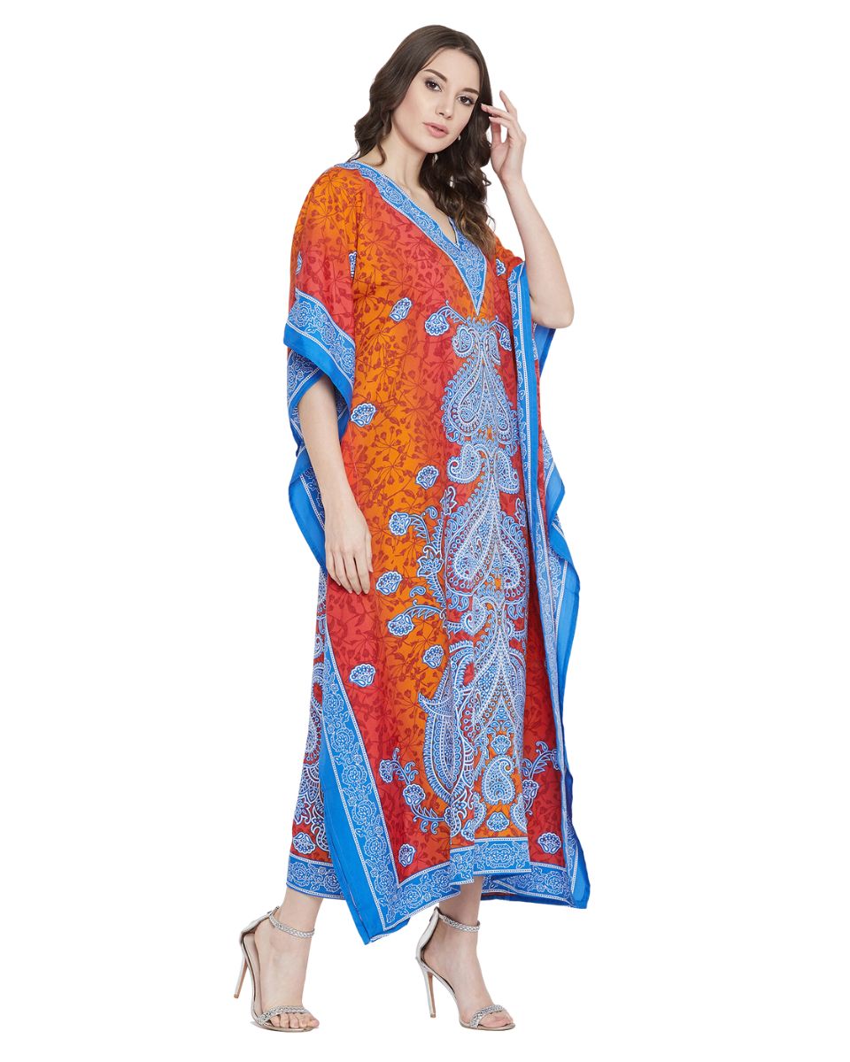 Paisley Printed Orange Polyester Plus Size Kaftan For Women