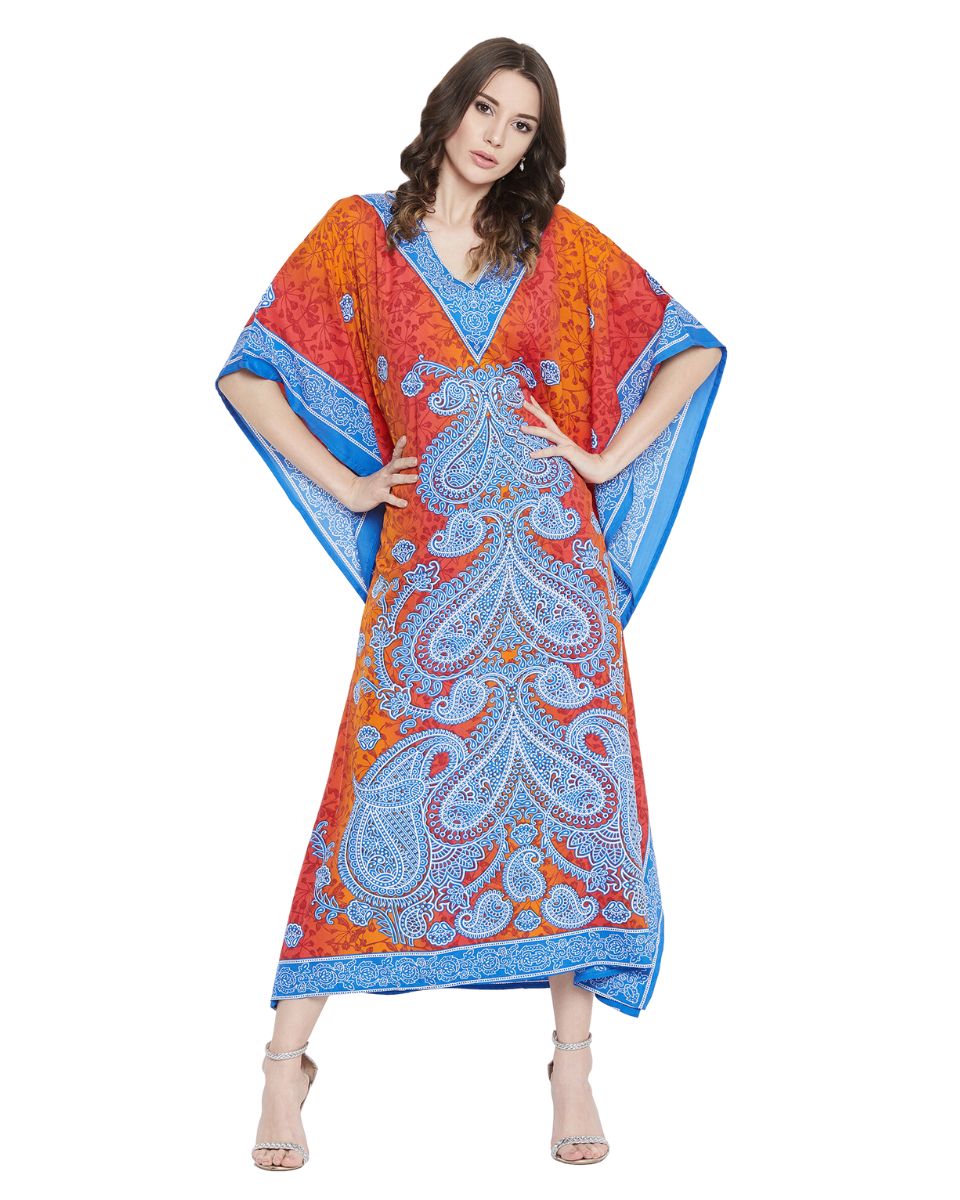 Paisley Printed Orange Polyester Plus Size Kaftan For Women