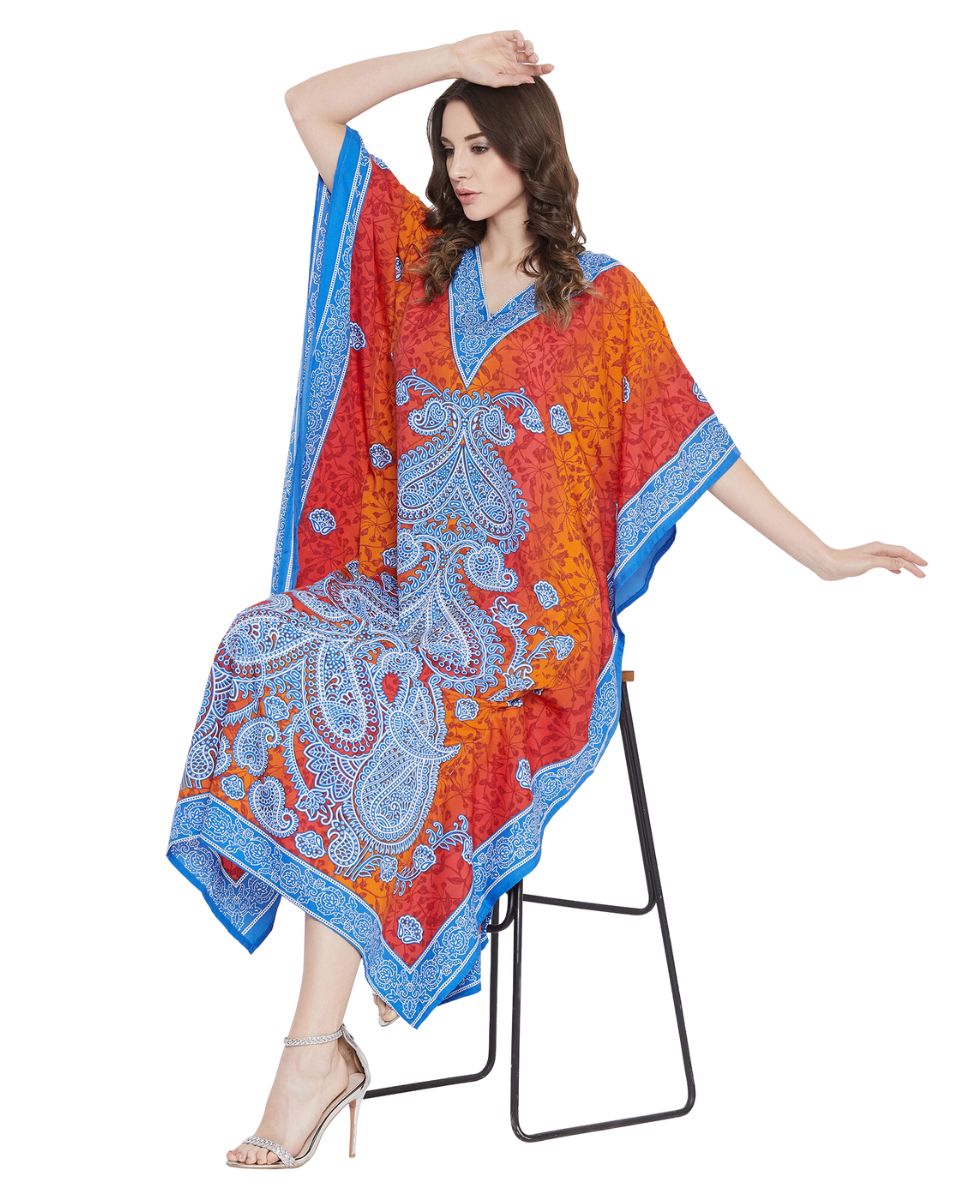 Paisley Printed Orange Polyester Plus Size Kaftan For Women