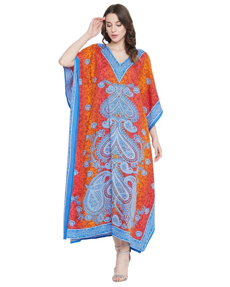 Paisley Printed Orange Polyester Kaftan Dress for Women