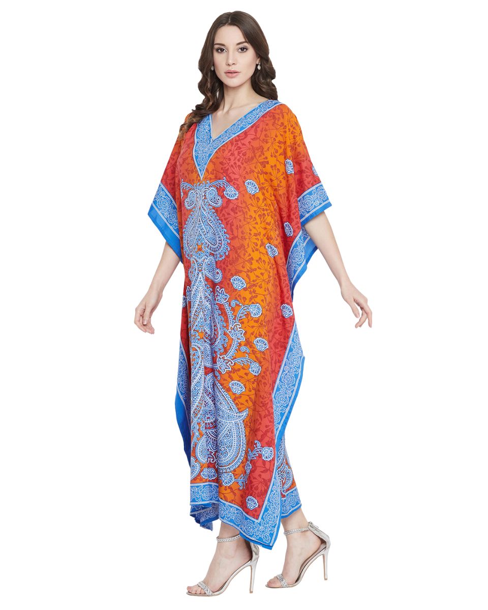 Paisley Printed Orange Polyester Plus Size Kaftan For Women