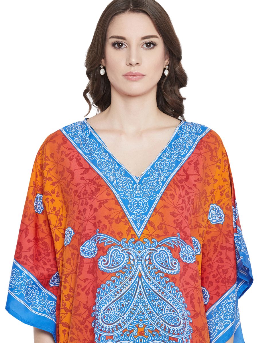 Paisley Printed Orange Polyester Kaftan Dress for Women