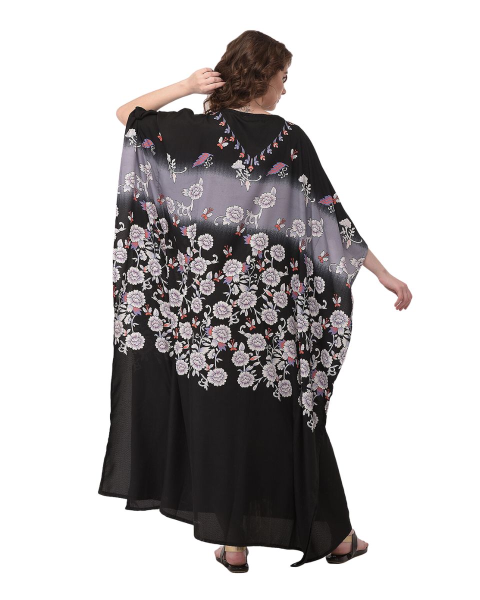 Floral Printed Black Polyester Kaftan Plus Size Dress For Women