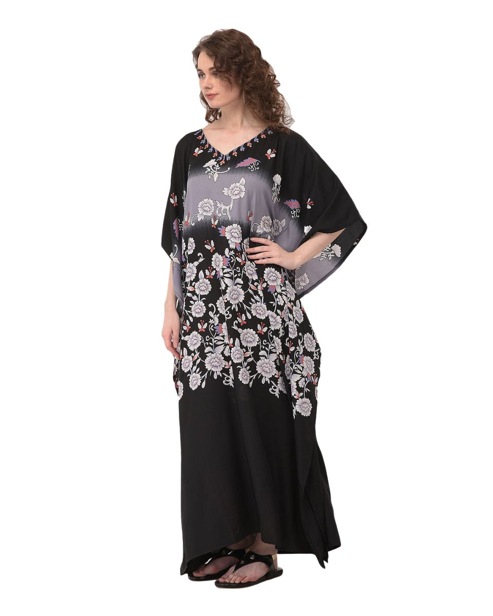 Floral Printed Black Polyester Kaftan Plus Size Dress For Women