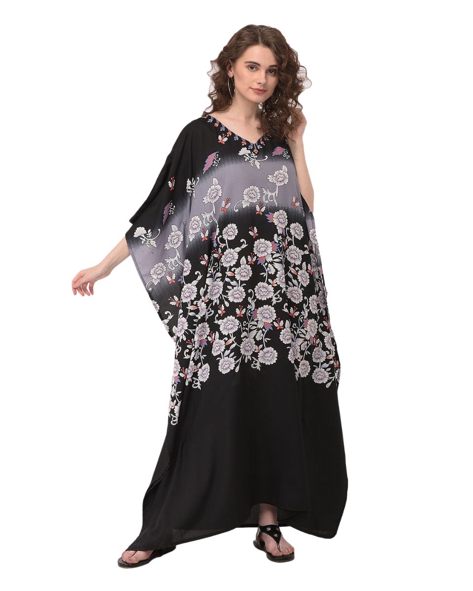 Floral Printed Black Polyester Kaftan Plus Size Dress For Women