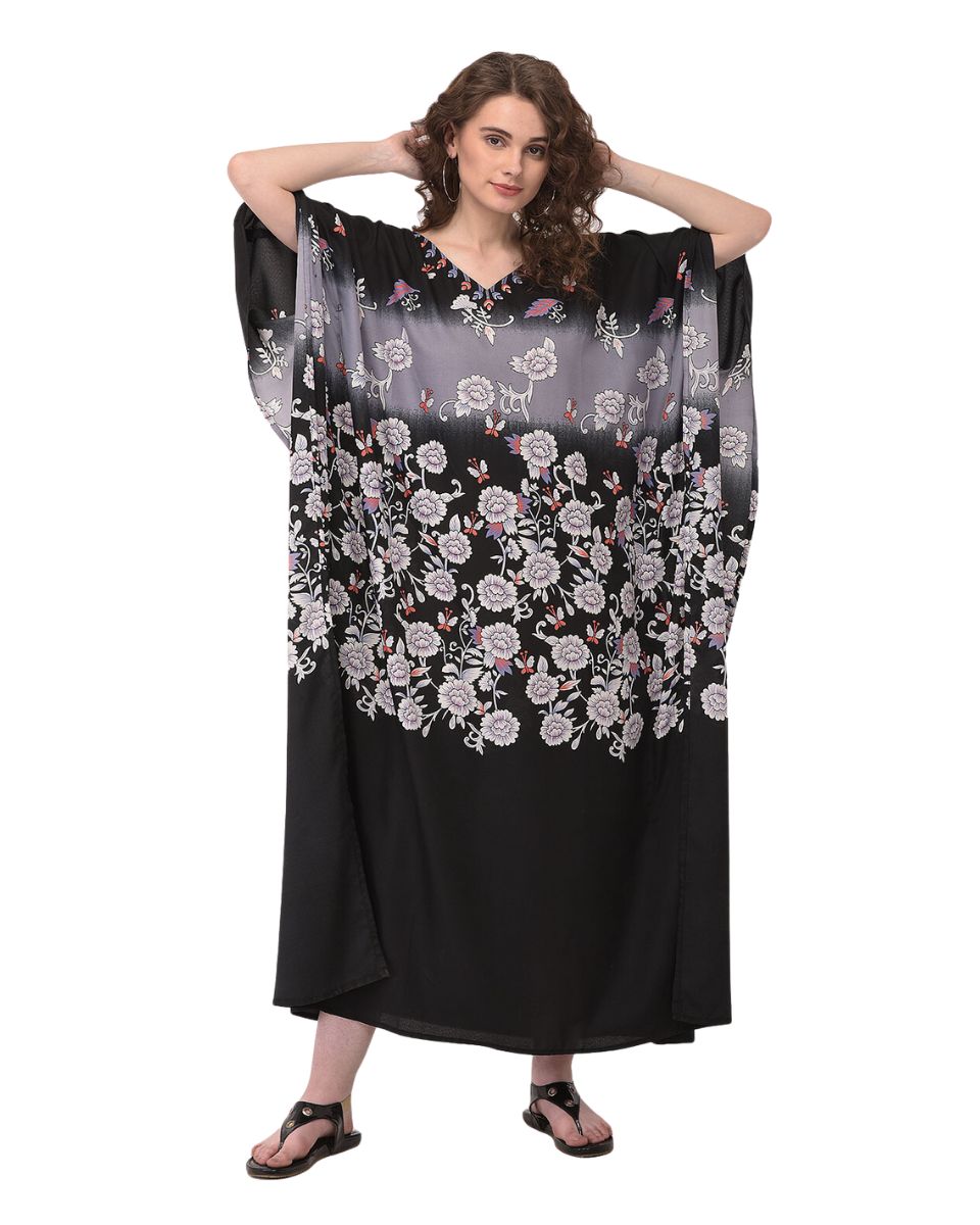 Floral Printed Black Polyester Kaftan Plus Size Dress For Women