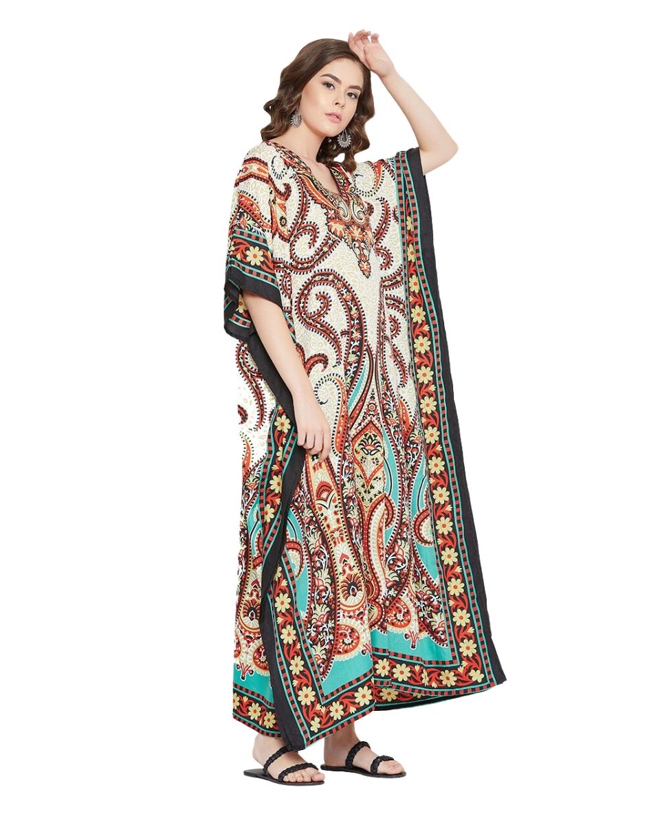 Paisley Printed Beige Polyester Kaftan Dress For Plus Size Women