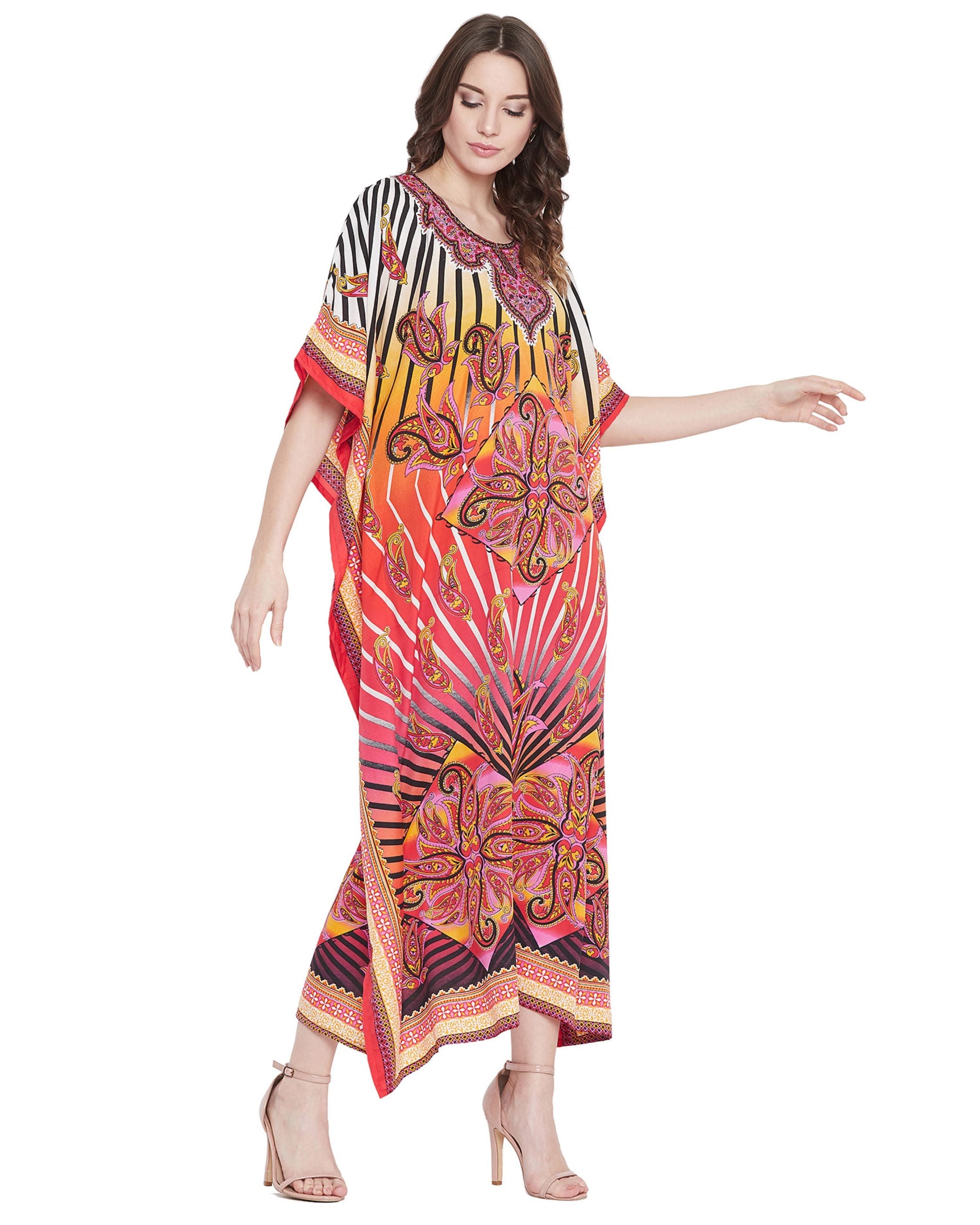 Paisley Printed Multicolor Polyester Plus Size Kaftan For Women