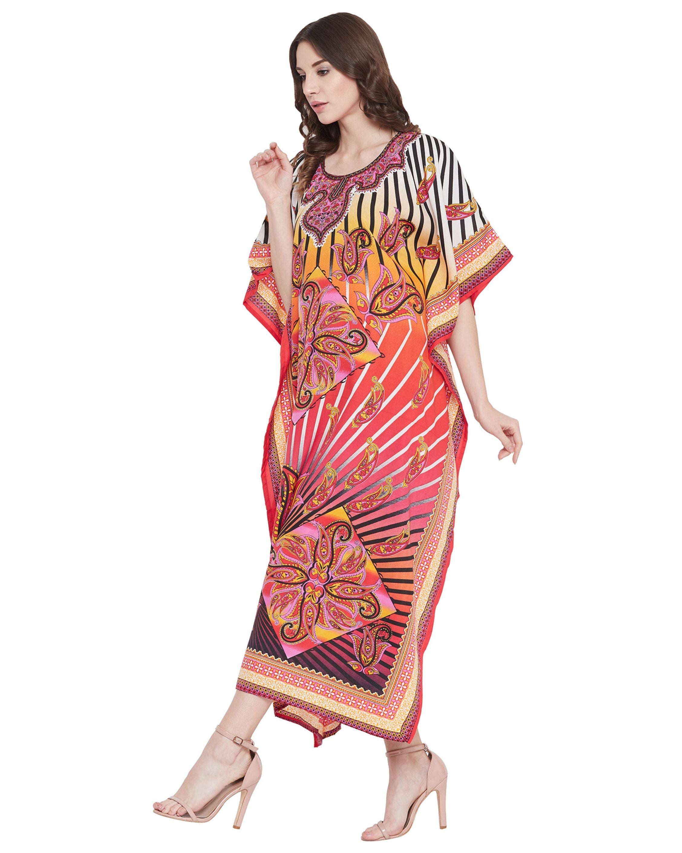 Paisley Printed Multicolor Polyester Plus Size Kaftan For Women