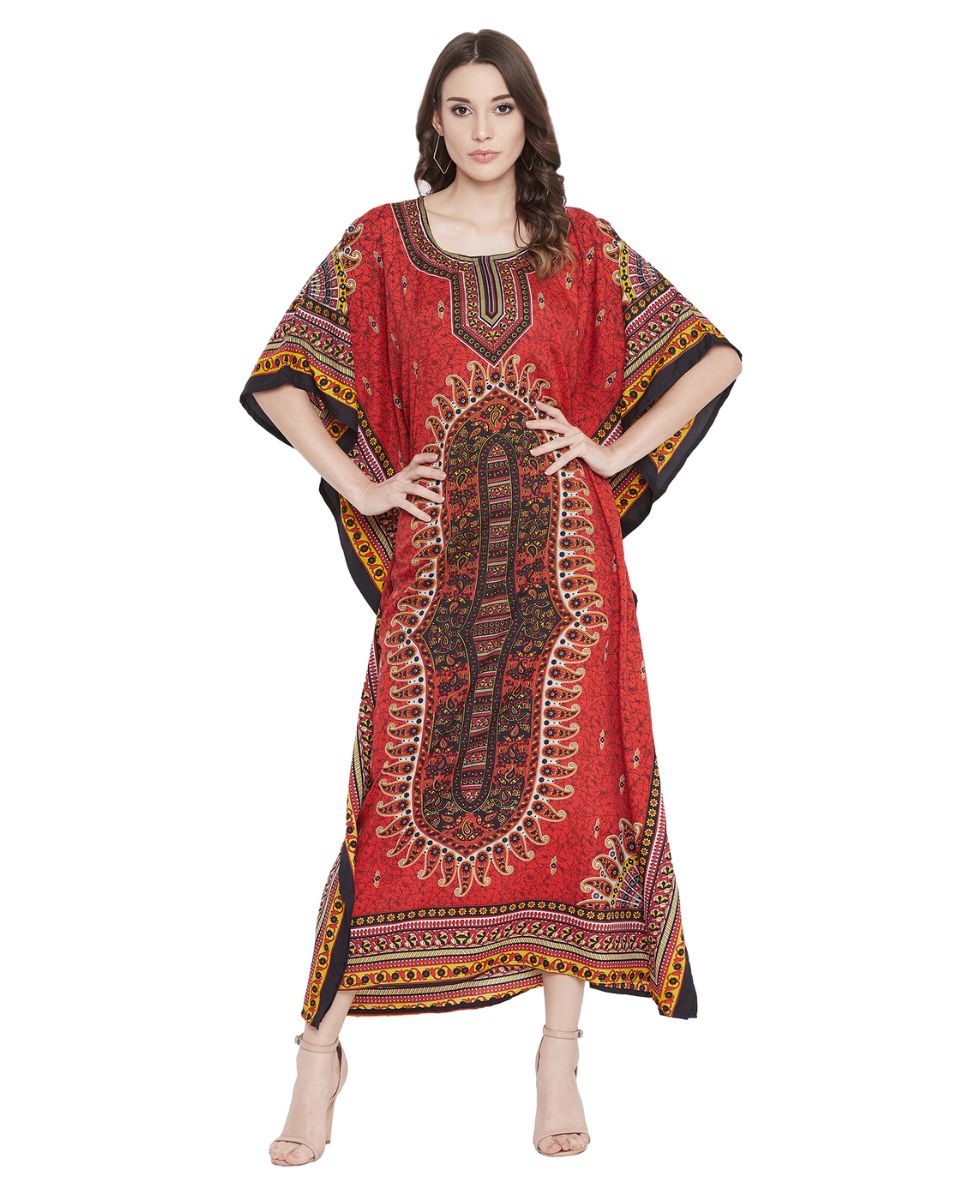 Paisley Printed Red Polyester Kaftan Dress for Women