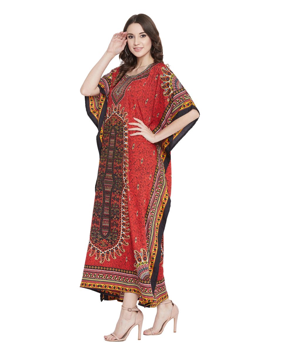 Paisley Printed Red Polyester Kaftan Plus Size Dress For Women